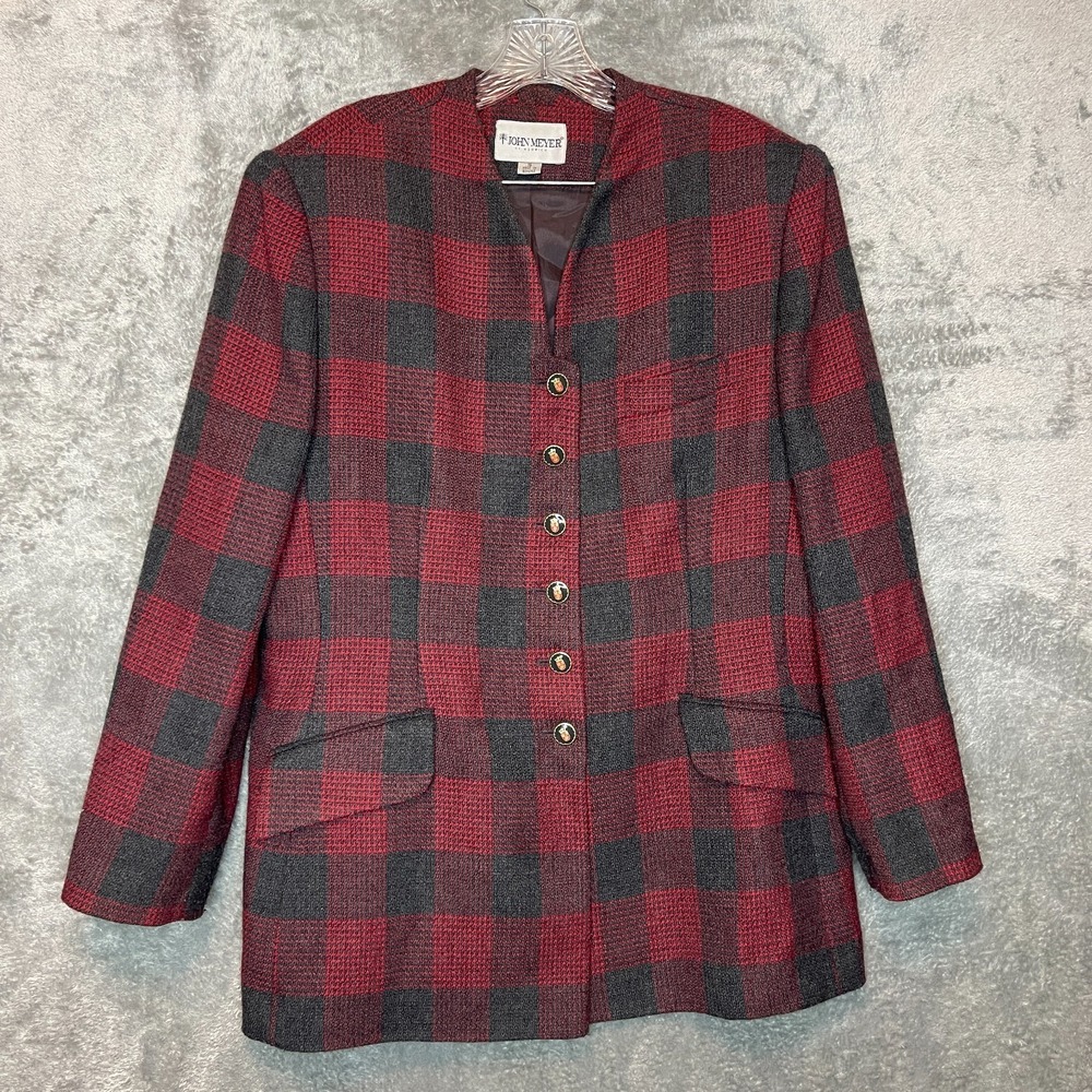 Vtg John Meyer Norwich Women Plaid Blazer 16 Preppy Old Money Structured Crest
